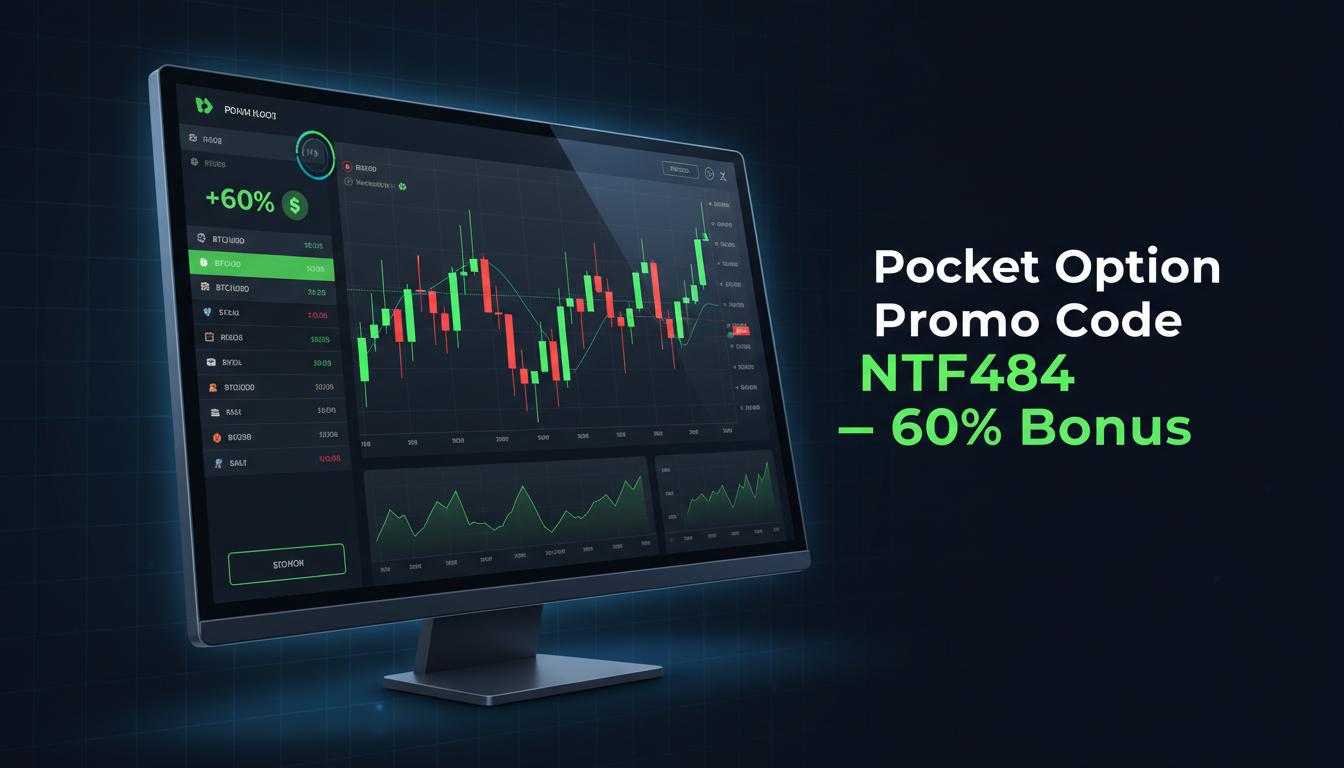 Pocket Option Promo Code NTF484 - 60% Deposit Bonus visualization showing trading platform dashboard with bonus offer