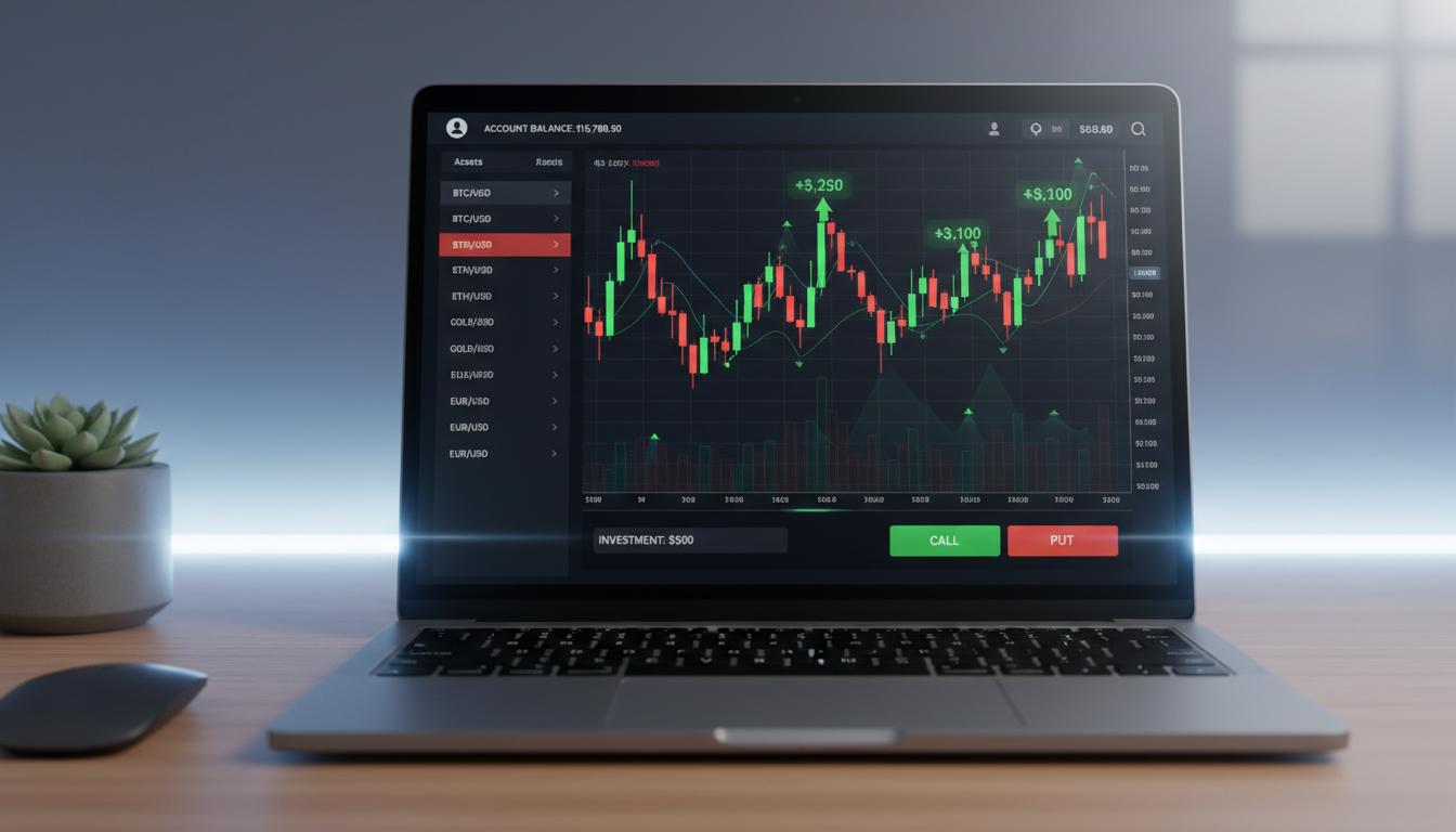 Pocket Option trading platform interface showing candlestick charts and asset selection tools on laptop screen